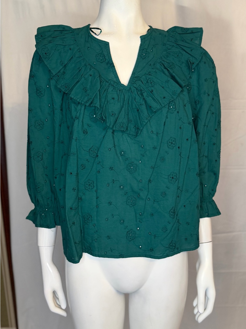 Zara Emerald Green Ruffled Eyelet Blouse